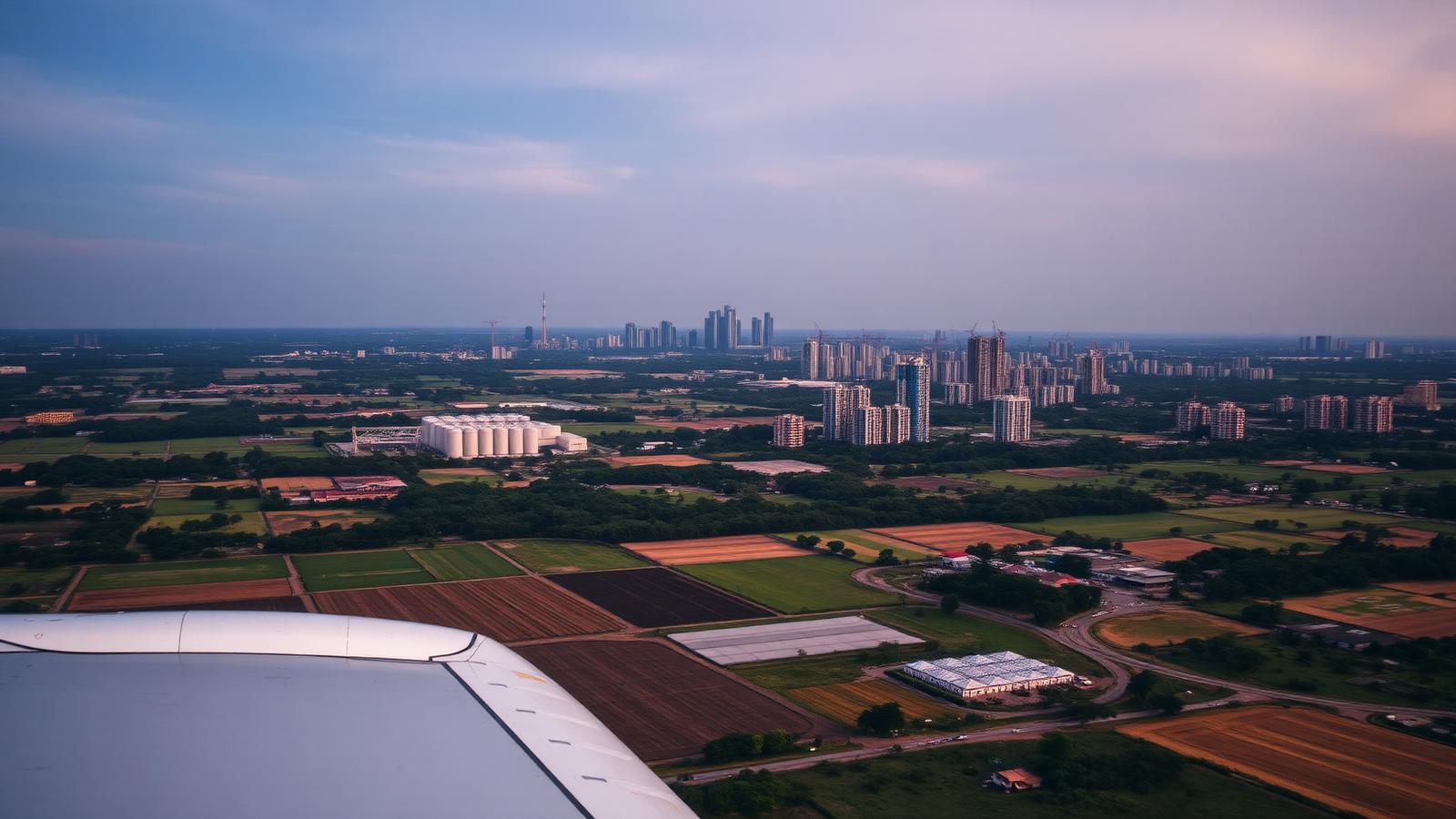 Vista aérea de Rio Verde com plantações, silos e prédios ao fundo