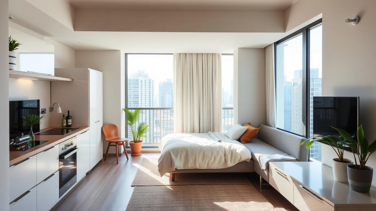 Interior de apartamento compacto moderno com sala integrada, cama e vista urbana