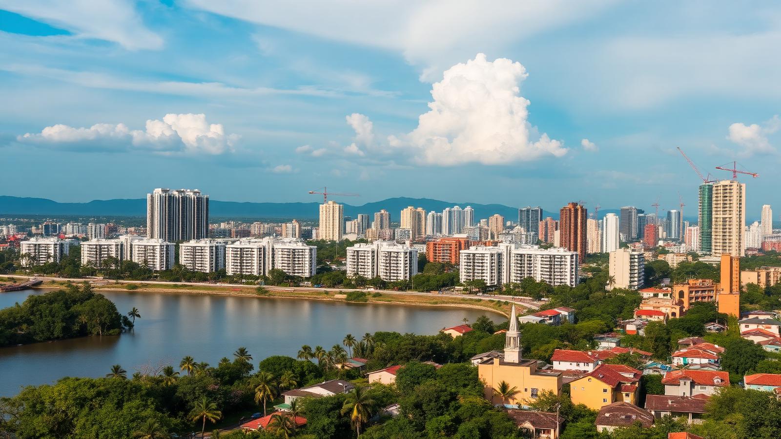 Skyline de Rio Verde com prédios verticais e guindastes de construção