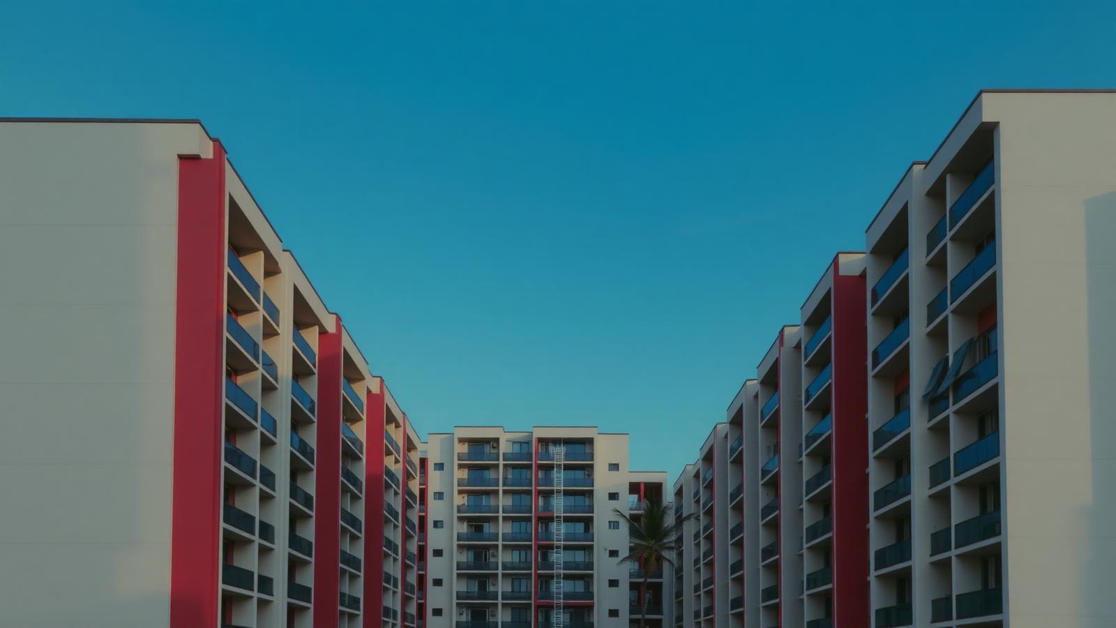 Fachadas de prédios residenciais modernos em tons neutros e vermelho