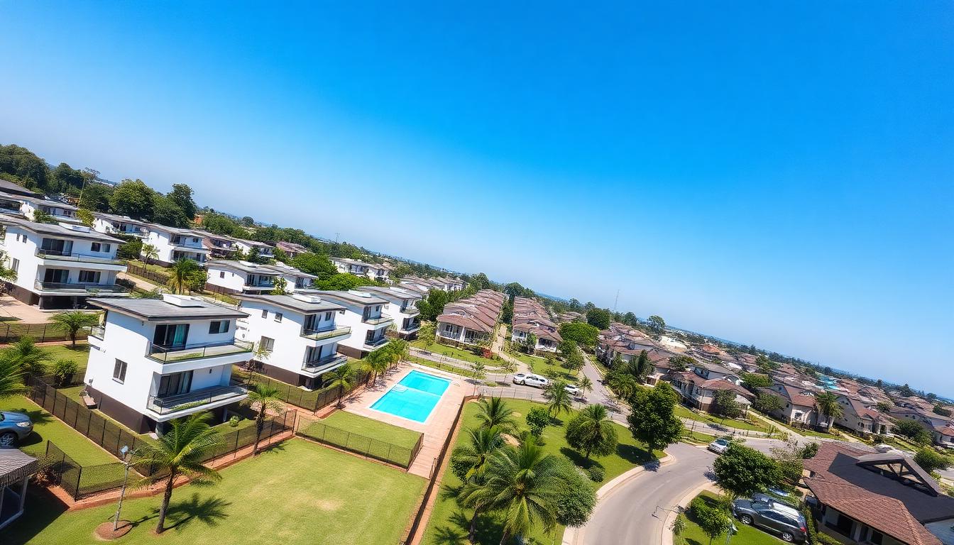 Vista aérea de condomínio fechado horizontal em Rio Verde com casas modernas, áreas verdes e piscina